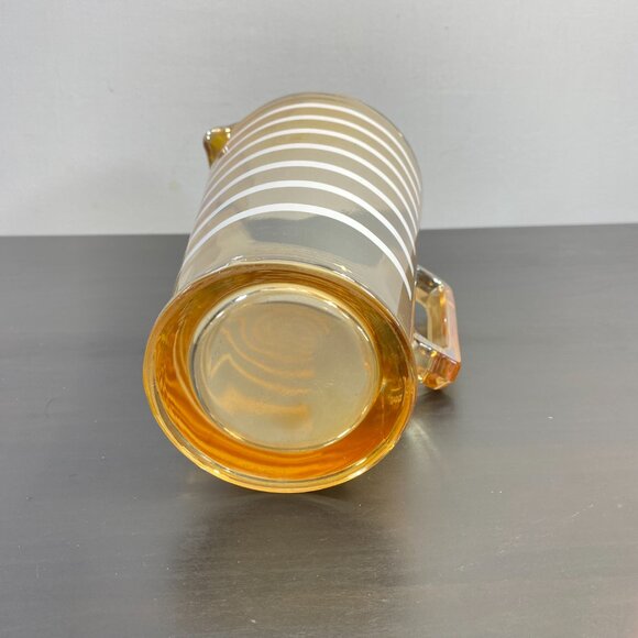 Vintage Amber Iridescent Carnival Glass Pitcher White Stripe Pattern Ice Lip - Picture 6 of 10